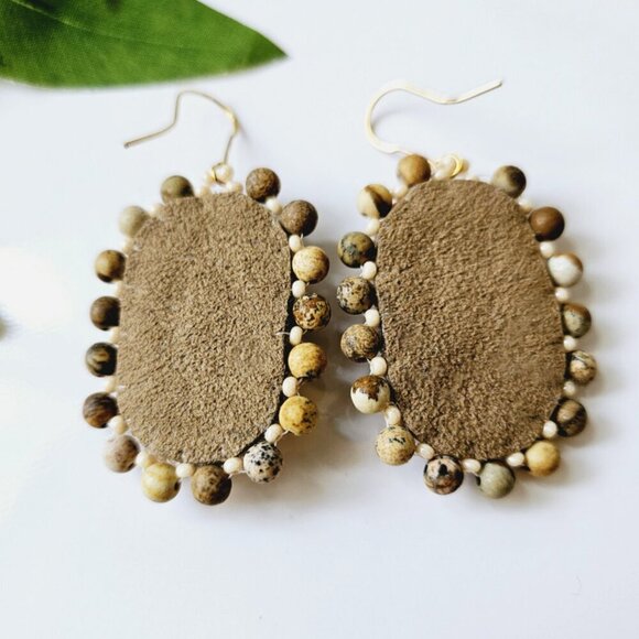 Beaded Tan Bohemian Shield Hoop Earrings | Handmade Indigenous Earrings - Picture 5 of 6